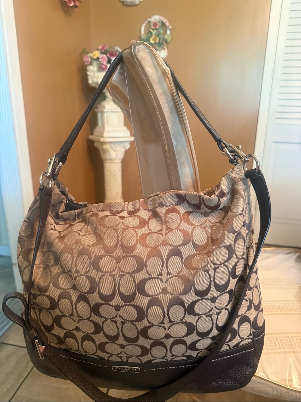 Vintage Coach Brown Signature and Leather Hobo Shoulder/ Crossbody bag